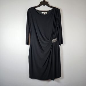 Evan Picone Black Sleeve Cocktail Dress with Runched Waist And Rhinestone Lined
